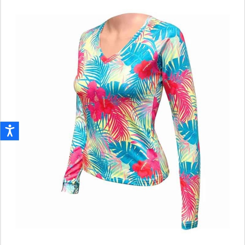 Tormentor Long-Sleeve V-Neck performance top. Yellow hibiscus. Size small.